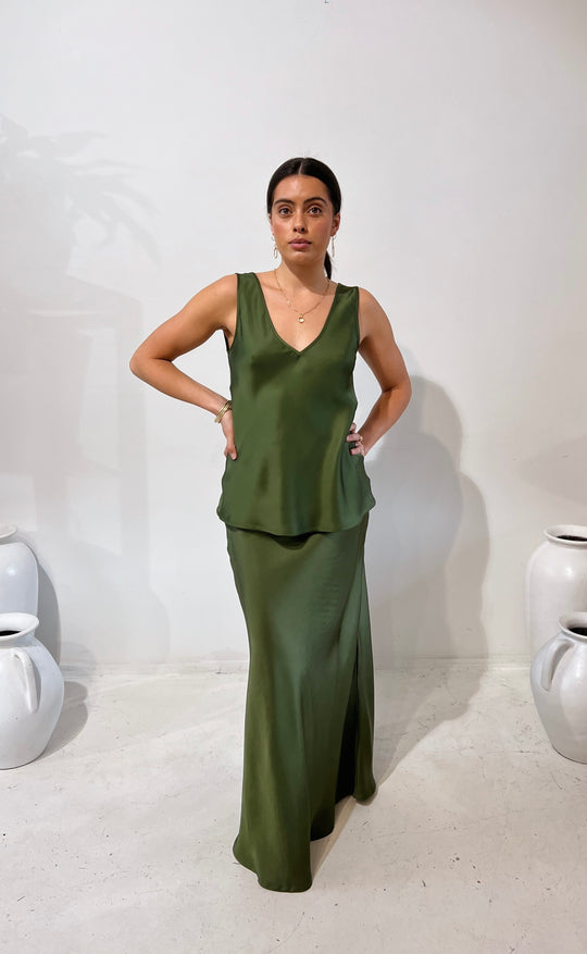 Renee Maxi Skirt Olive Satin