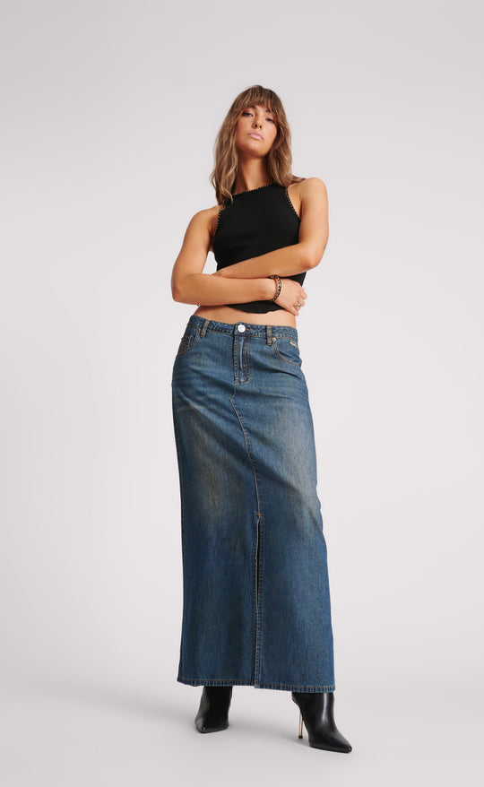 Column Skirt High Waist Denim Used Blue