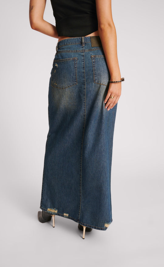 Column Skirt High Waist Denim Used Blue