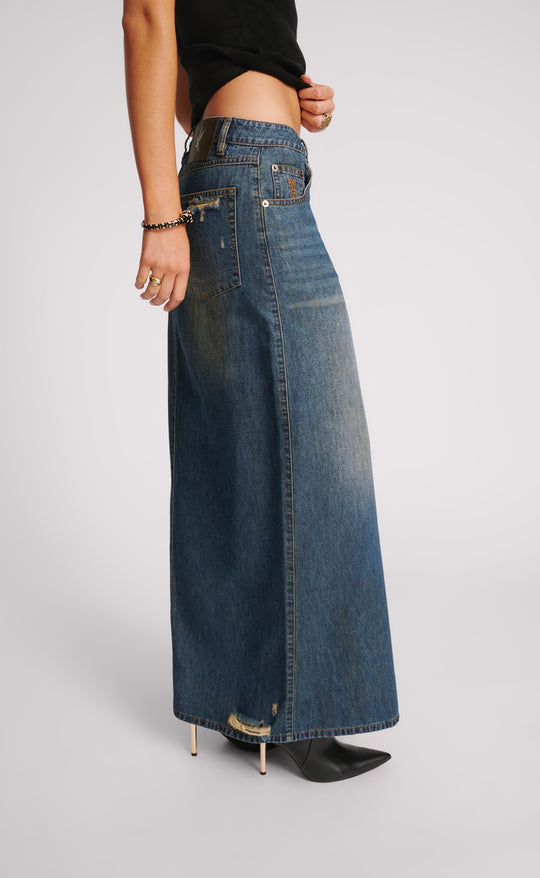 Column Skirt High Waist Denim Used Blue
