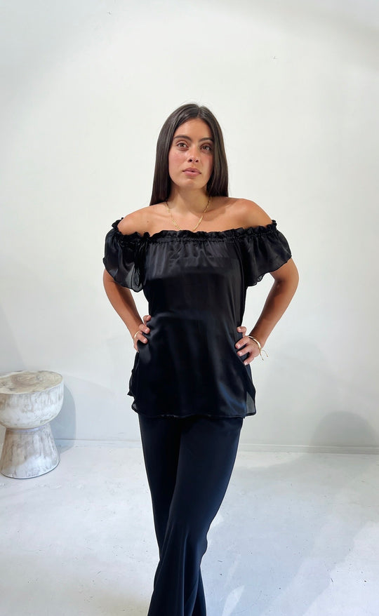 Fleur Top Black Silk Satin