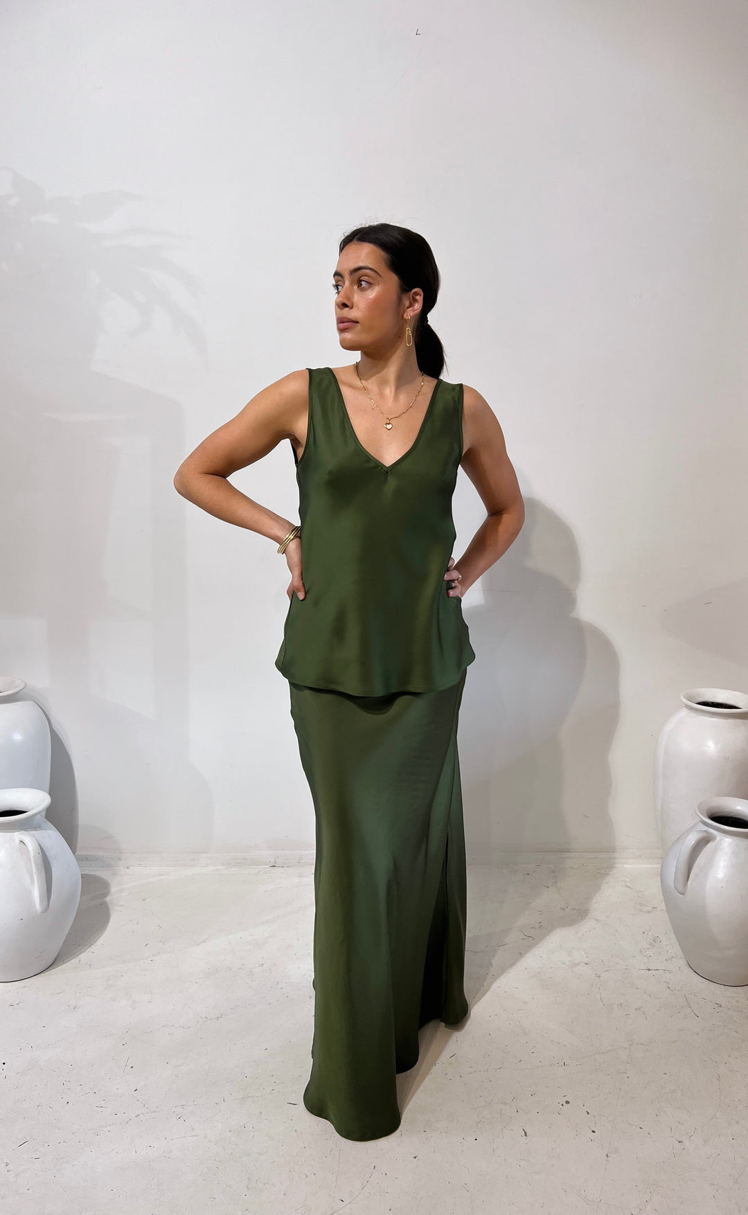 Renee Maxi Skirt Olive Satin