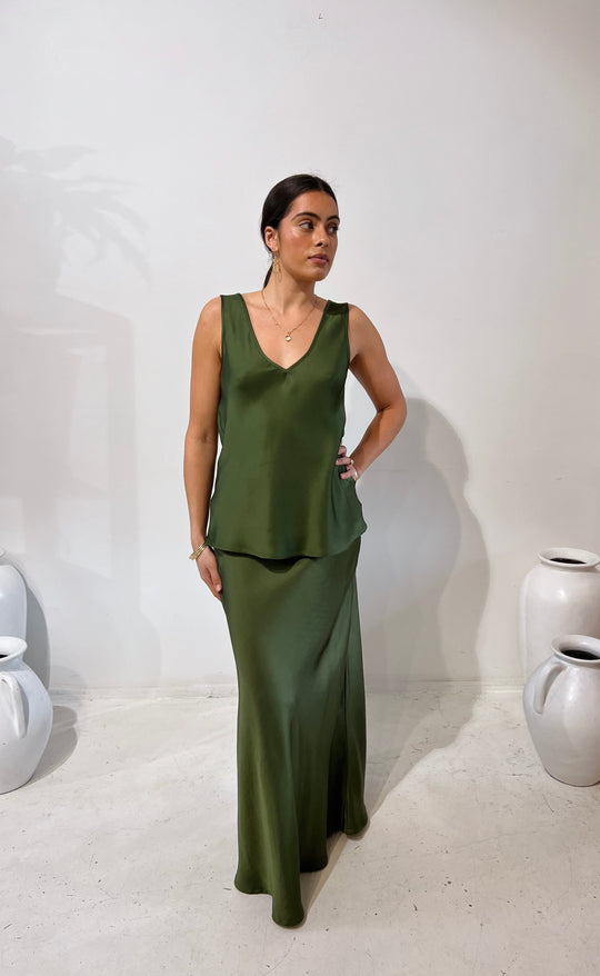 Renee Maxi Skirt Olive Satin