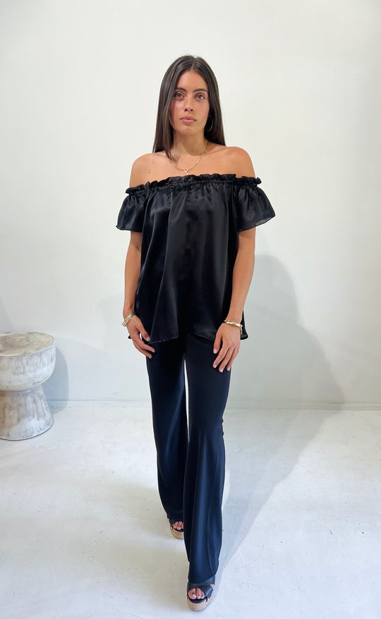 Fleur Top Black Silk Satin