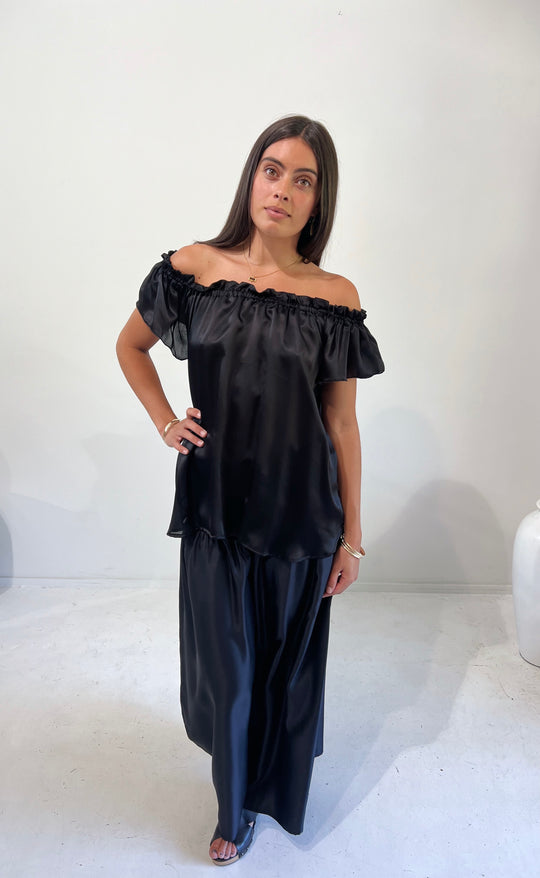 Fleur Top Black Silk Satin