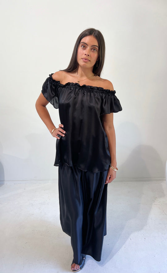 Fleur Top Black Silk Satin