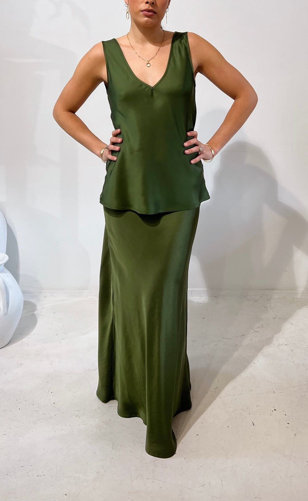 Renee Maxi Skirt Olive Satin