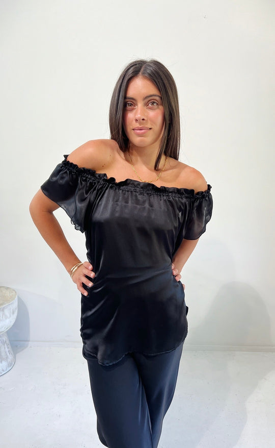 Fleur Top Black Silk Satin