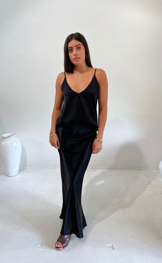 Bias Maxi Skirt Black Satin