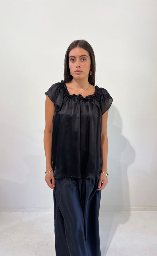 Fleur Top Black Silk Satin