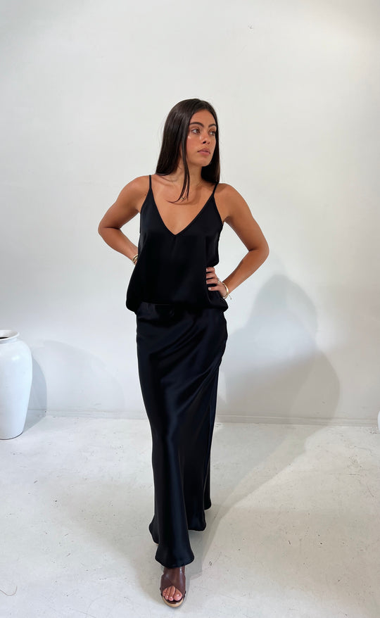 Bias Maxi Skirt Black Satin