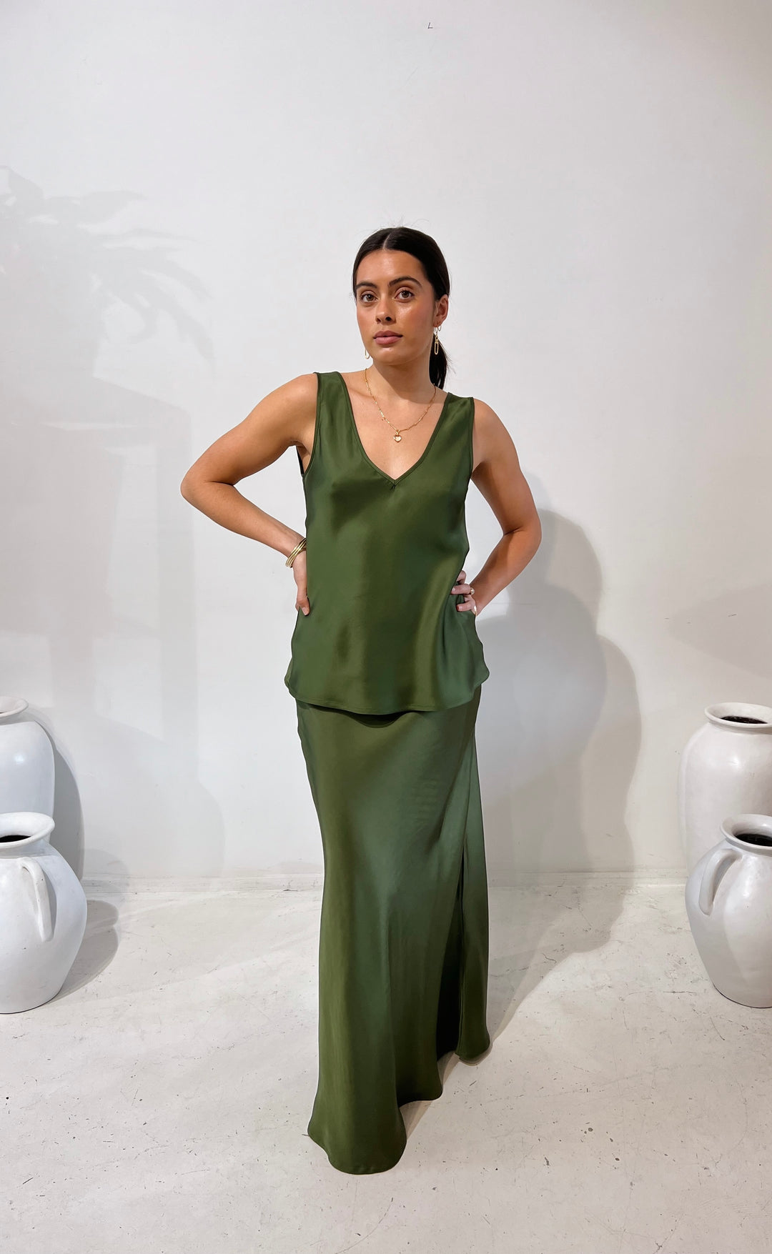 Renee Maxi Skirt Olive Satin