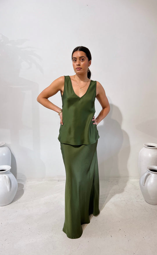 Renee Maxi Skirt Olive Satin