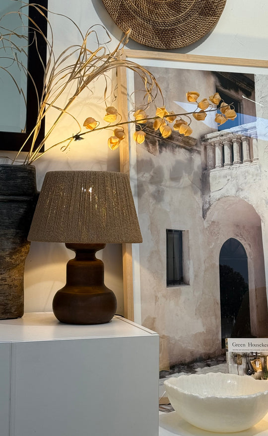 Java Wooden Urn Lamp | Natural Loom Tapered Drum Shade