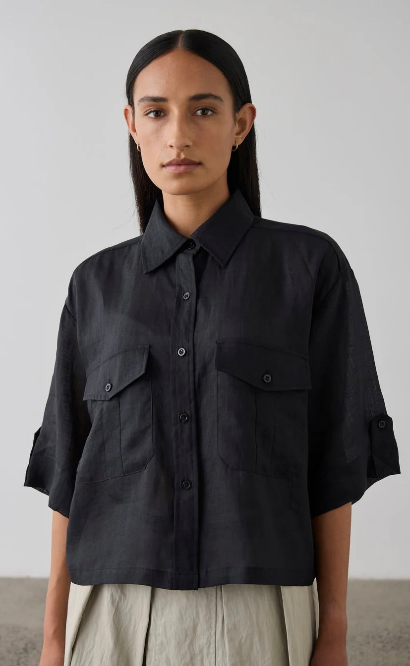 Cropped 100% Linen Shirt Black