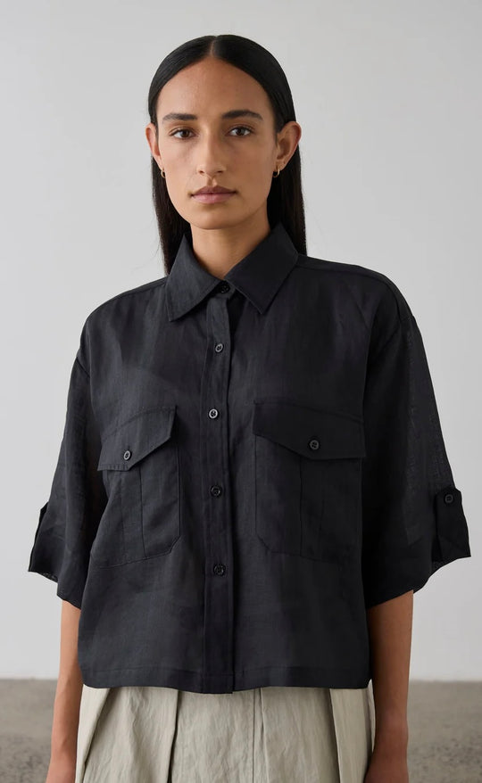 Cropped 100% Linen Shirt Black