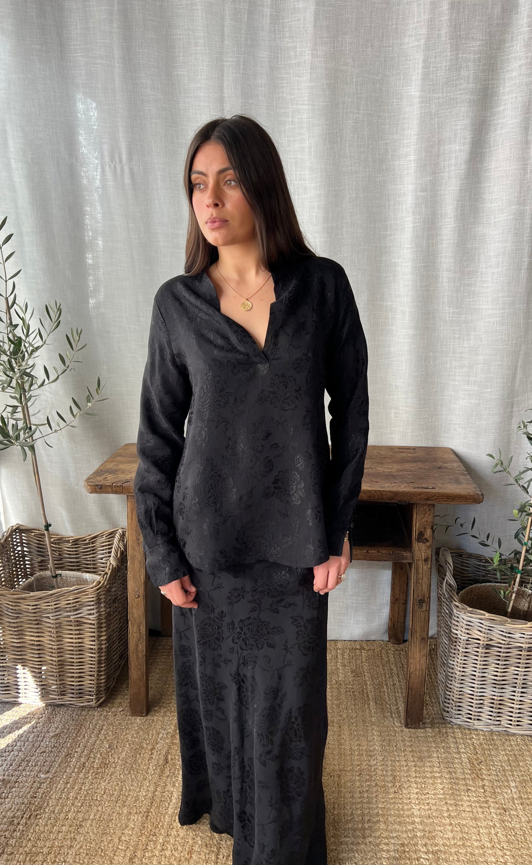 Renee Maxi Skirt Damask Rose Black