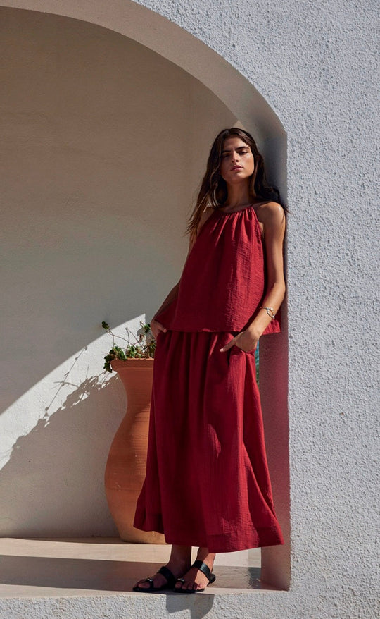 Long Skirt Elastic Waist Dark Red